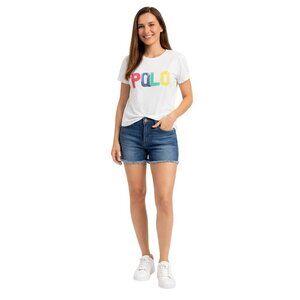 2/$30 Polo Ralph Lauren Medium Multicolor Logo Graphic Crop White T-Shirt